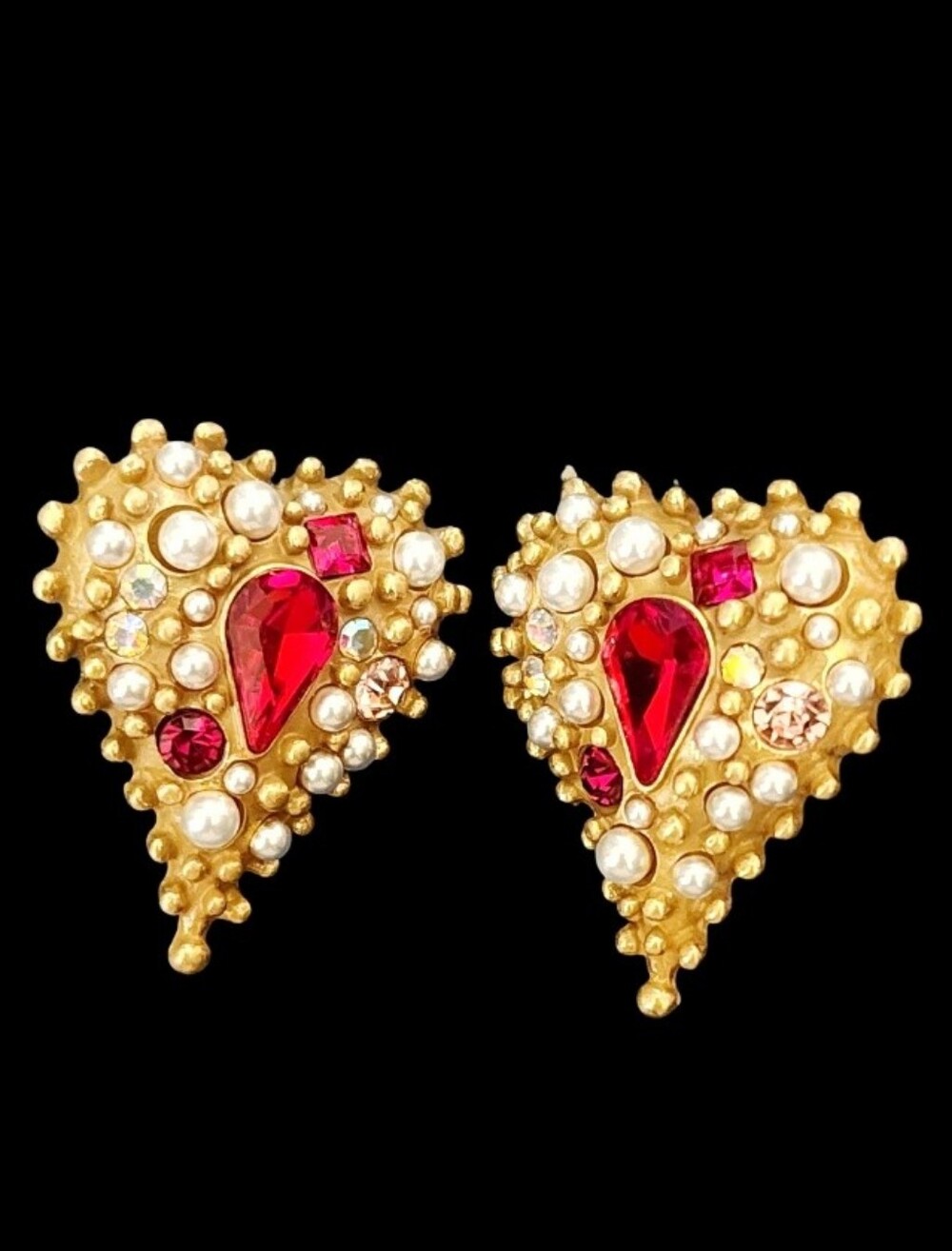 Gold Plated Heart Earrings With Red Gem And Faux Pearl Accents